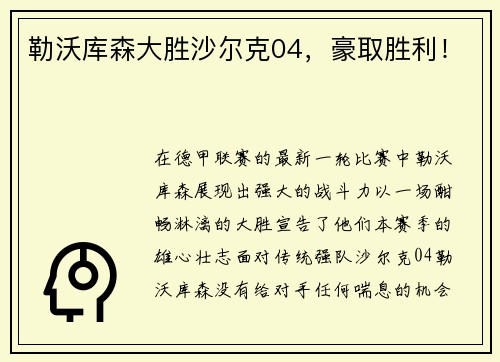 勒沃库森大胜沙尔克04，豪取胜利！