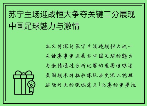 苏宁主场迎战恒大争夺关键三分展现中国足球魅力与激情