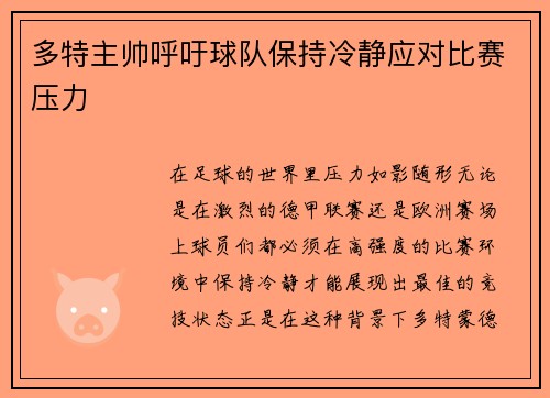 多特主帅呼吁球队保持冷静应对比赛压力