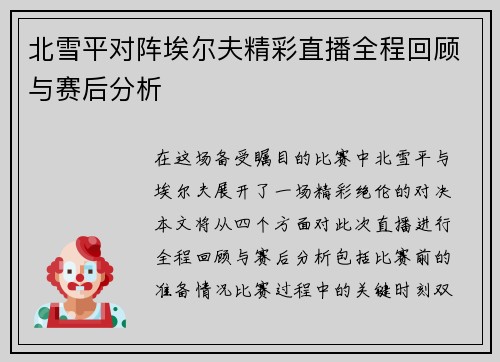 北雪平对阵埃尔夫精彩直播全程回顾与赛后分析
